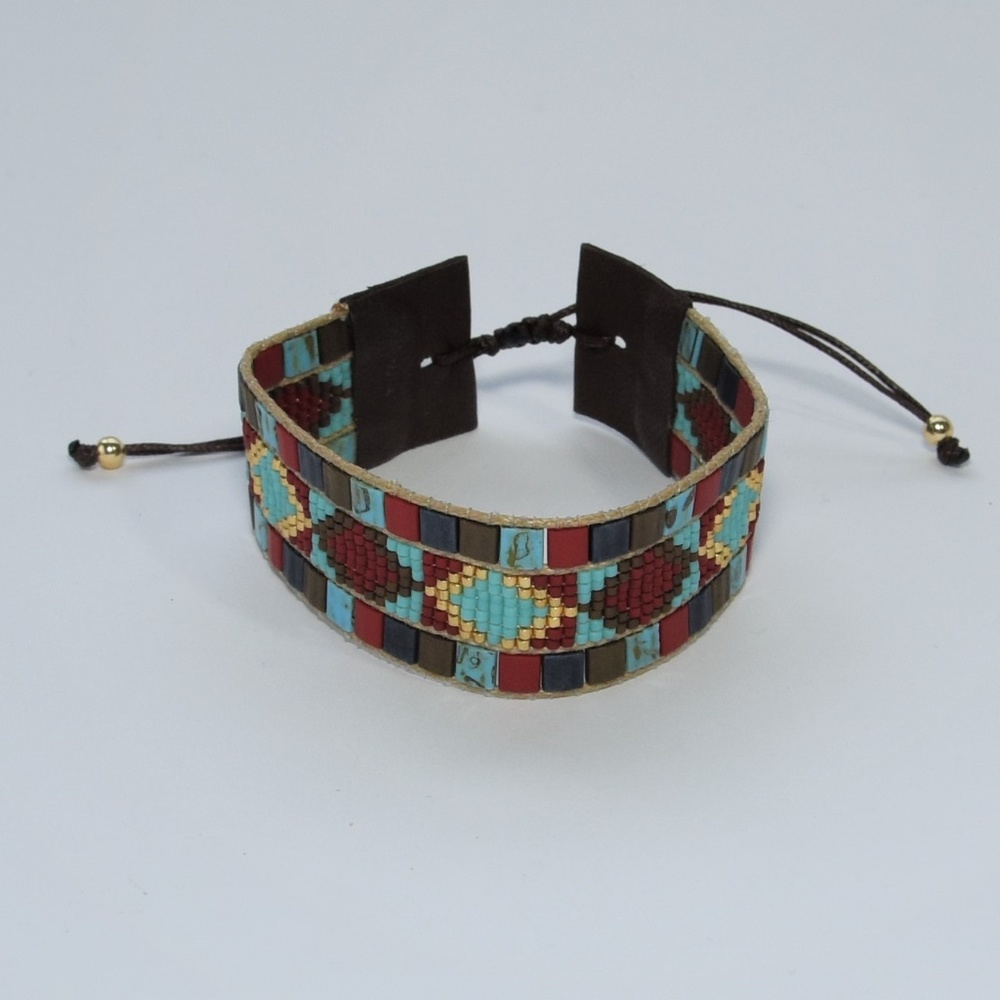 Miyuki Beads Leather Bracelet - Adjustable strap